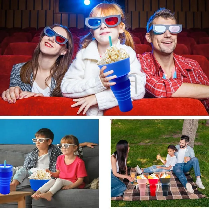 Foldable Snack Cup - Ideal Choice for Family Movie Nights - Multipurpose Water Bottle with Popcorn Holder - Convenient and Portable Travel Essential - Food-Grade Material for Hygienic and Safe (black)