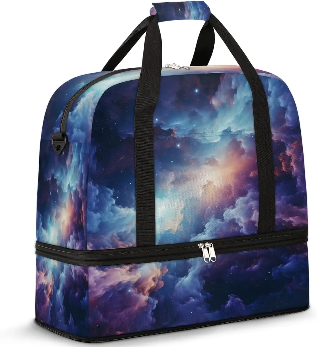Foldable Travel Duffel Bag for Women, Universe Nebula Overnight Weekender Bag Carry on Duffel Bag Luggage Sports Gym Tote Bag with Shoes Compartment, Water Rresistant Shoulder Bag