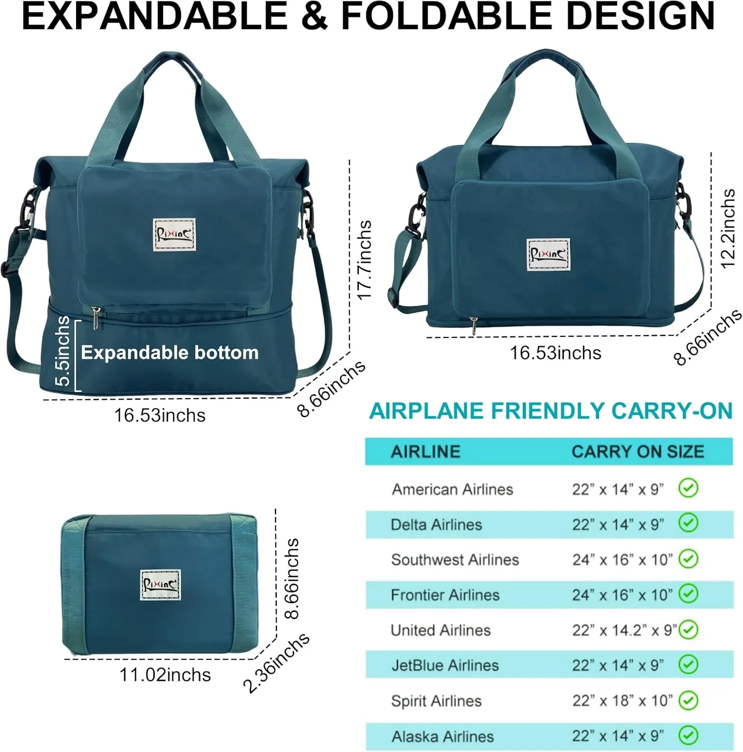 Foldable Travel Duffle Bag, 40L Expandable Weekender Bag for Women, Overnight Carry On Sport Gym Tote with Bottle Holder