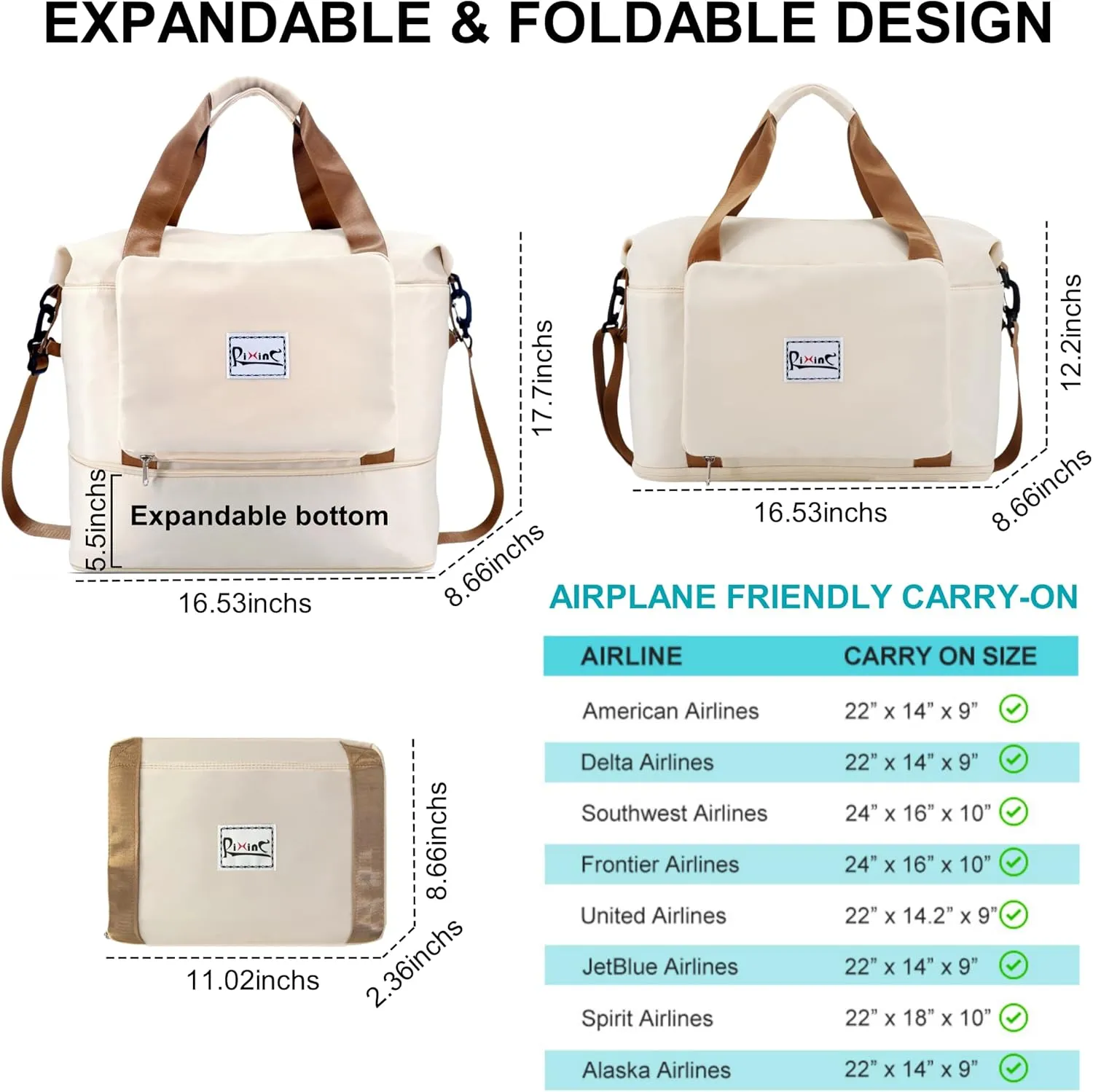 Foldable Travel Duffle Bag, 40L Expandable Weekender Bag for Women, Overnight Carry On Sport Gym Tote with Bottle Holder