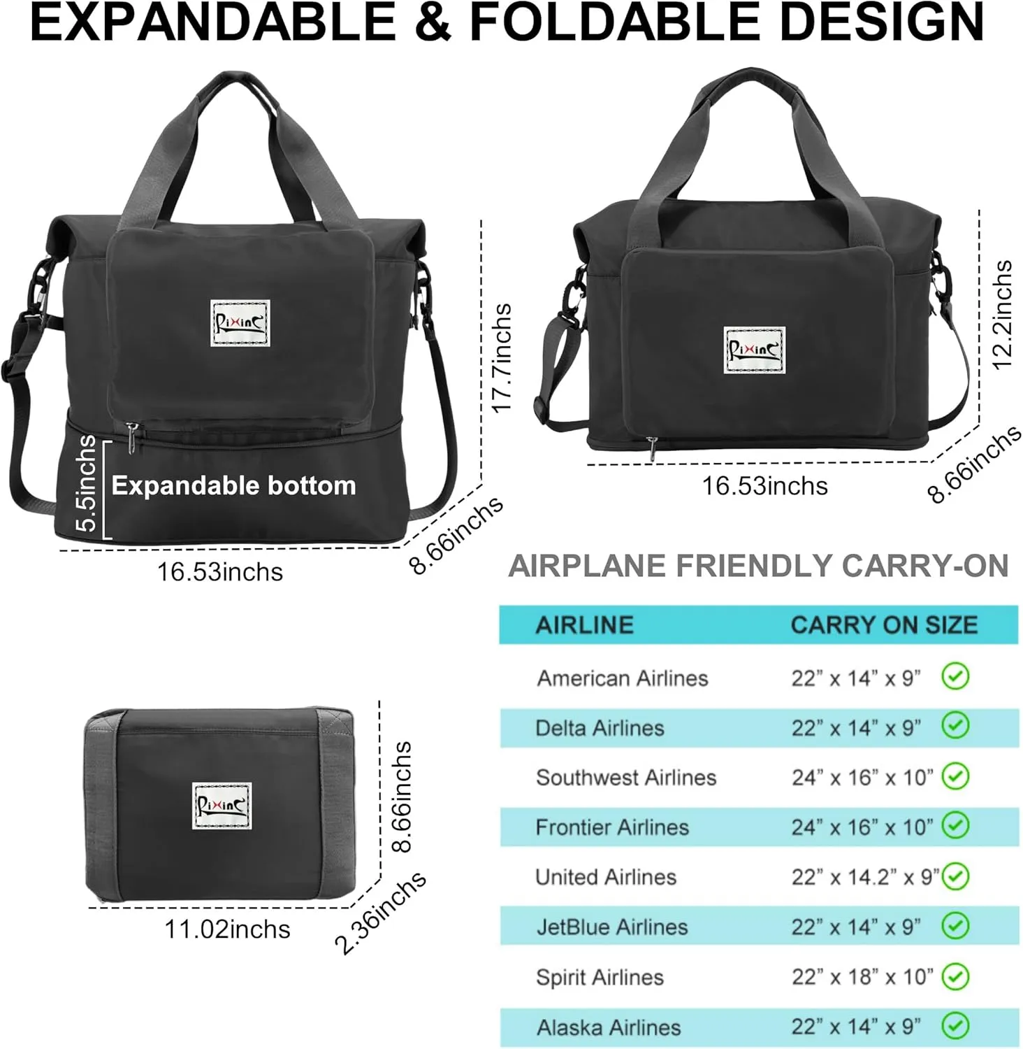 Foldable Travel Duffle Bag, 40L Expandable Weekender Bag for Women, Overnight Carry On Sport Gym Tote with Bottle Holder