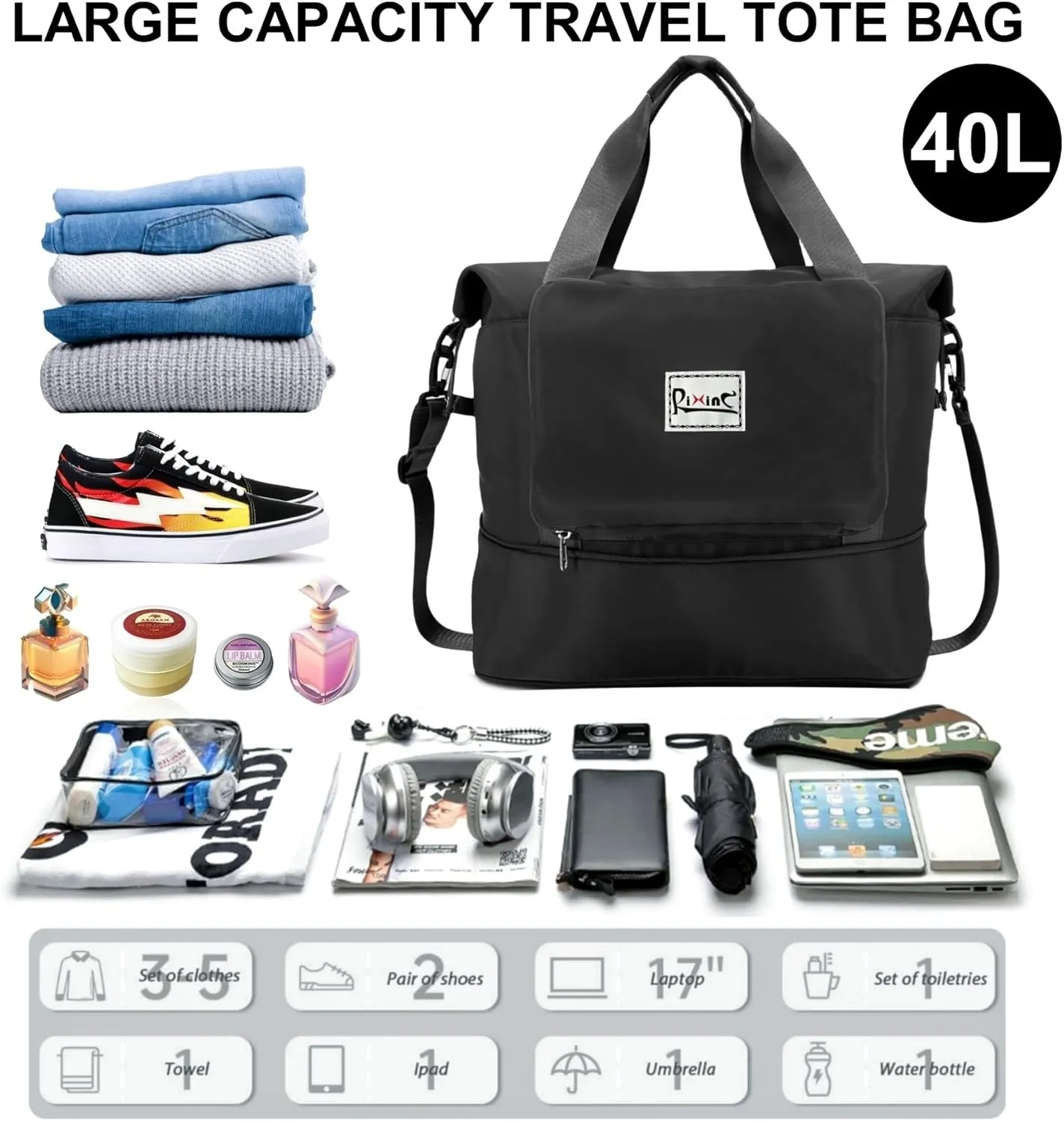 Foldable Travel Duffle Bag, 40L Expandable Weekender Bag for Women, Overnight Carry On Sport Gym Tote with Bottle Holder