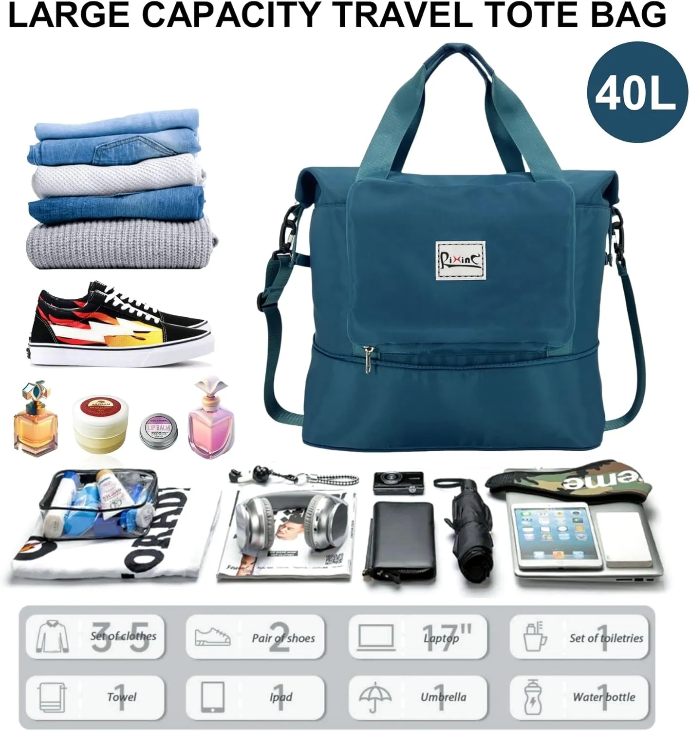 Foldable Travel Duffle Bag, 40L Expandable Weekender Bag for Women, Overnight Carry On Sport Gym Tote with Bottle Holder