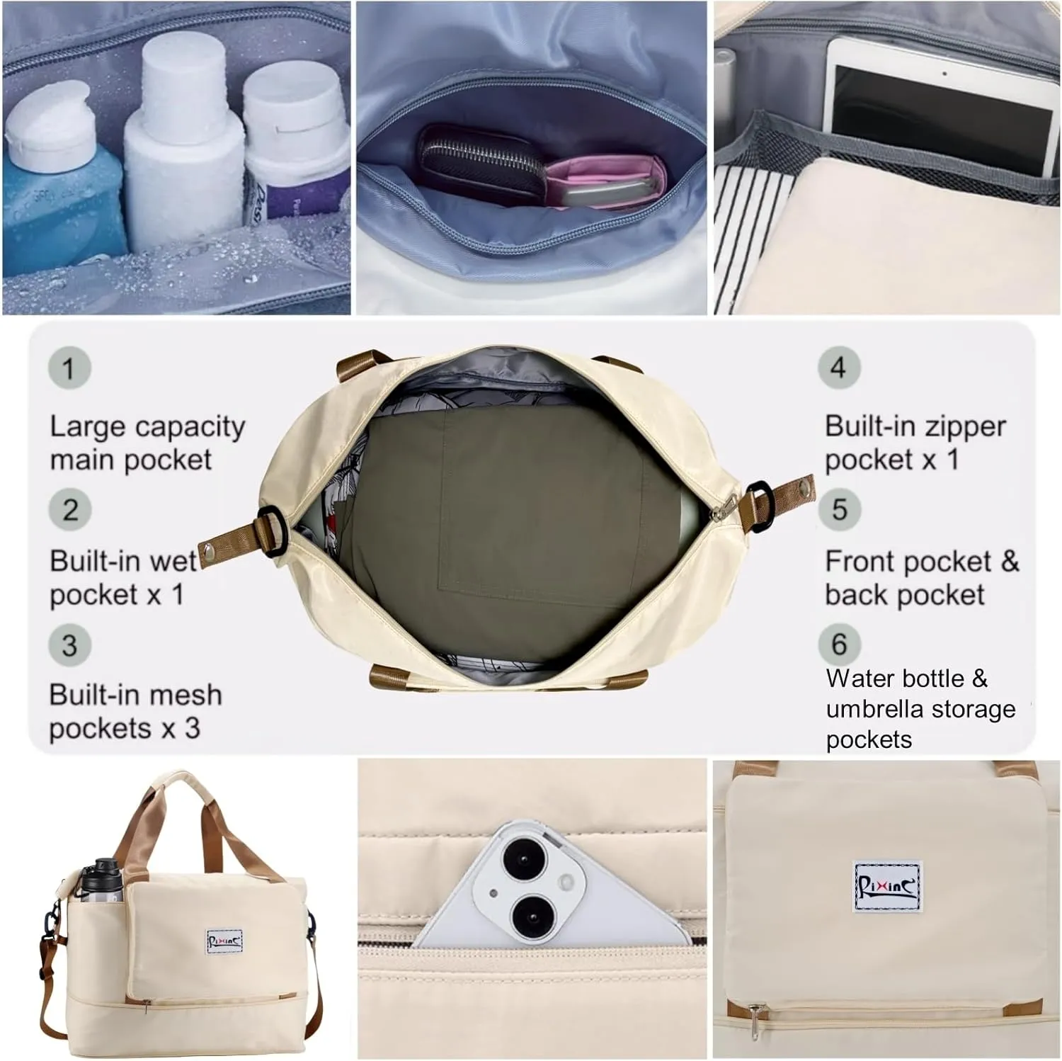 Foldable Travel Duffle Bag with Multiple Pockets, 40L Expandable Weekender Bag for Women, Overnight Carry On Gym Tote with Water Bottle Holder (Beige)