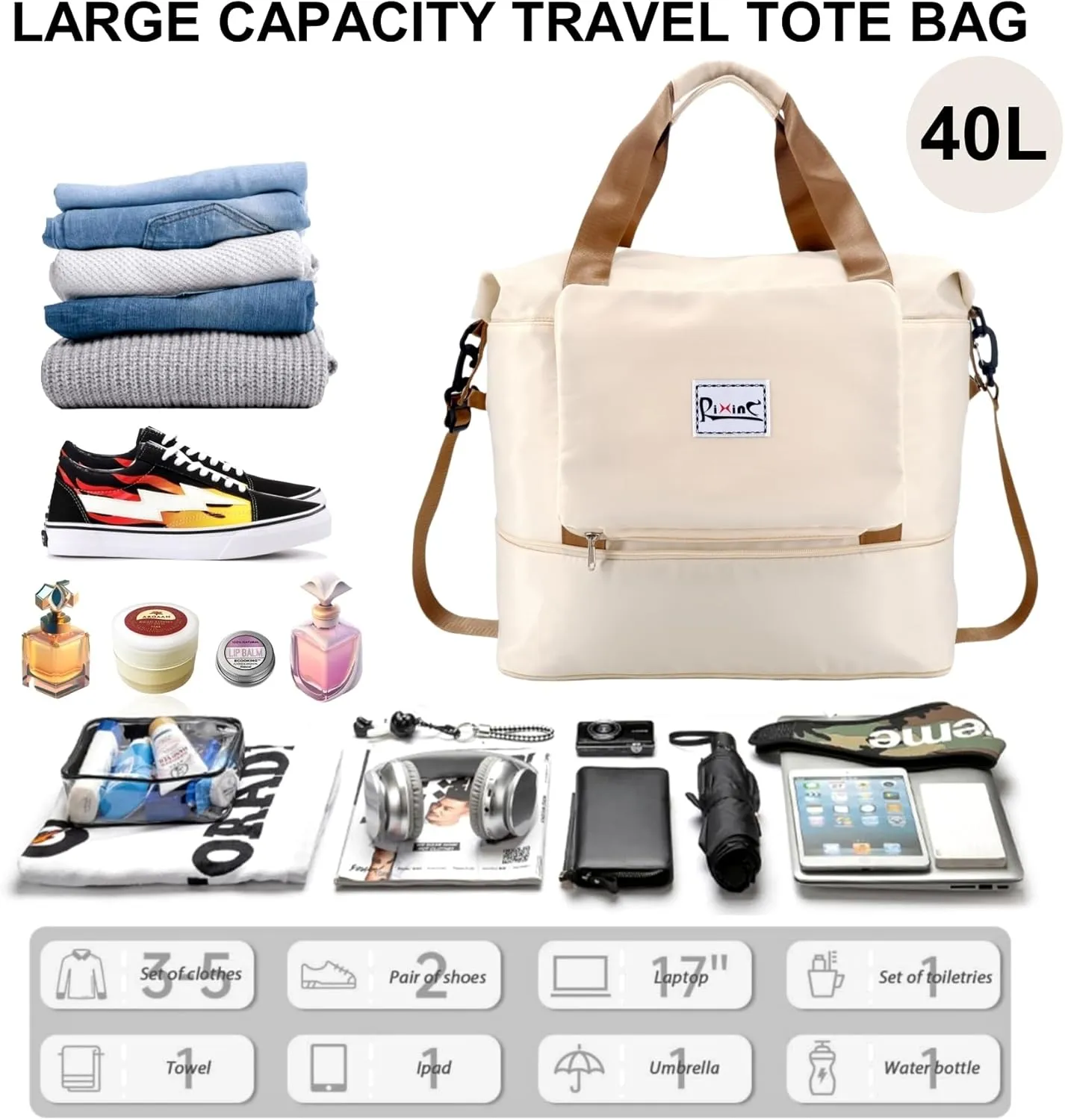 Foldable Travel Duffle Bag with Multiple Pockets, 40L Expandable Weekender Bag for Women, Overnight Carry On Gym Tote with Water Bottle Holder (Beige)