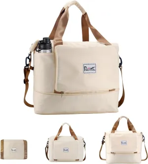 Foldable Travel Duffle Bag with Multiple Pockets, 40L Expandable Weekender Bag for Women, Overnight Carry On Gym Tote with Water Bottle Holder (Beige)