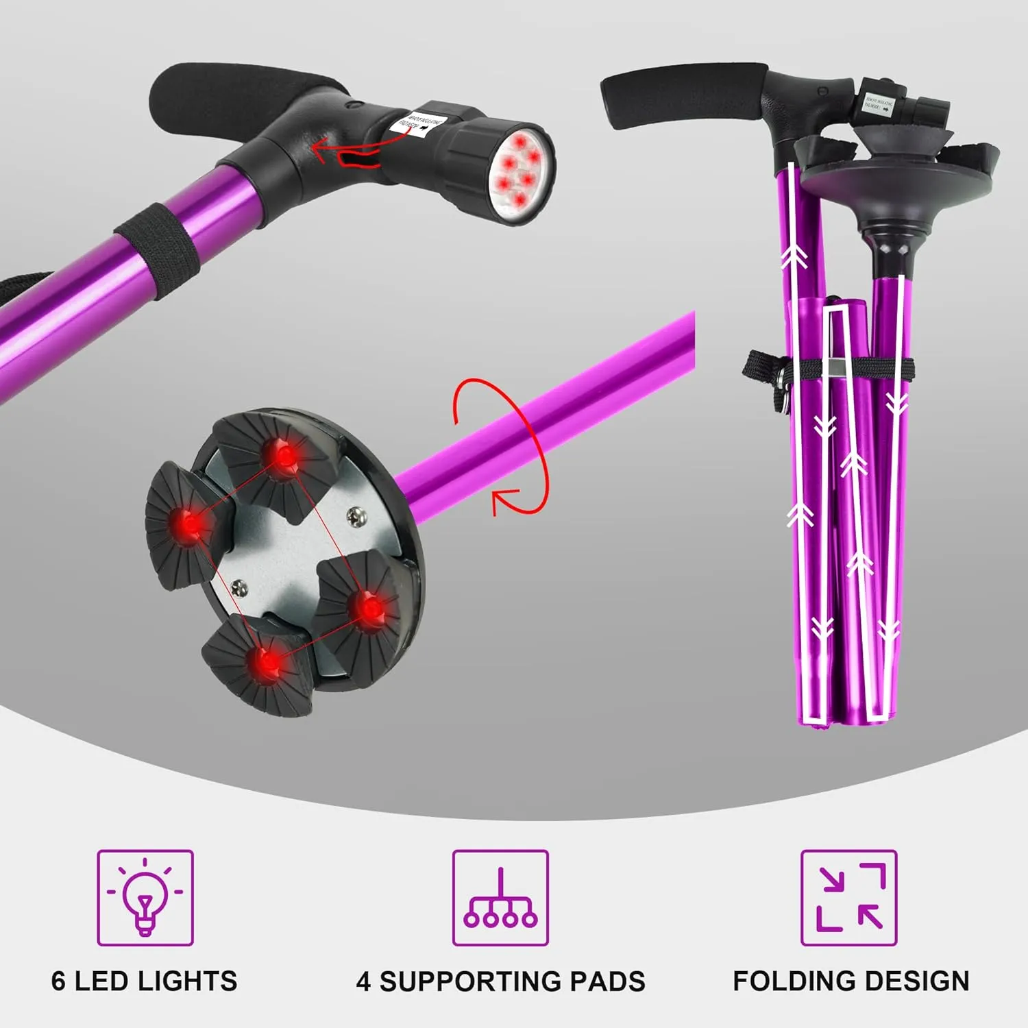 Folding Cane with Led Light, Adjustable Canes for Men and Women, Walking Stick for Elderly with Cushion Handle and Pivoting Quad Base for Hiking Mountain Climbing Backpacker…