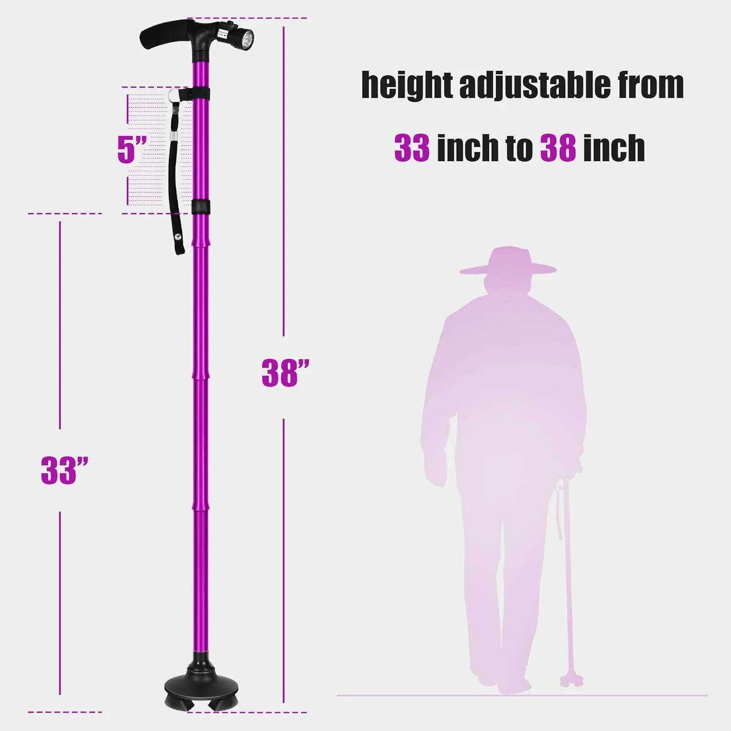 Folding Cane with Led Light, Adjustable Canes for Men and Women, Walking Stick for Elderly with Cushion Handle and Pivoting Quad Base for Hiking Mountain Climbing Backpacker…