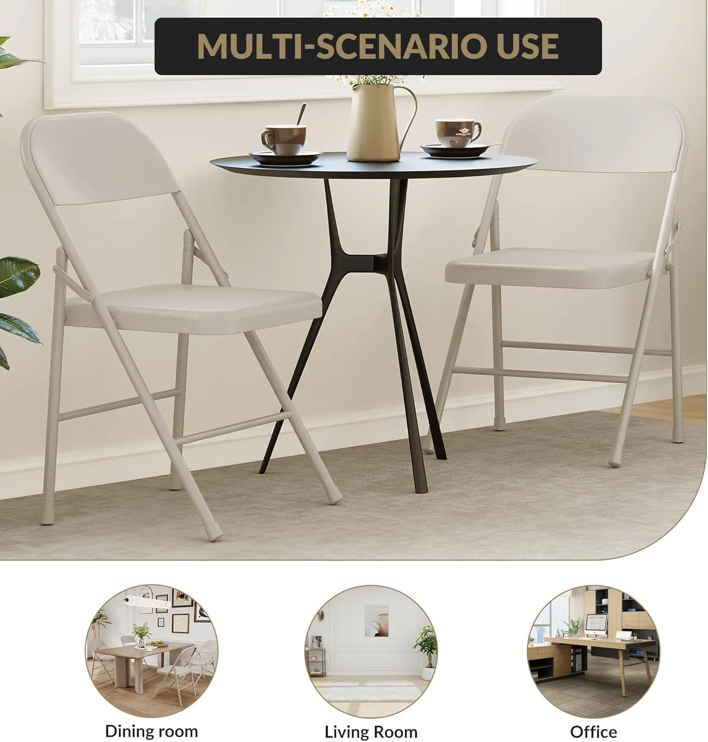 Folding Chairs Set of 4, Portable & Stackable Commercial Seat with Metal Frame, Heavy Duty Foldable Chairs for Office Wedding Party, 350 Pound Capacity, Beige