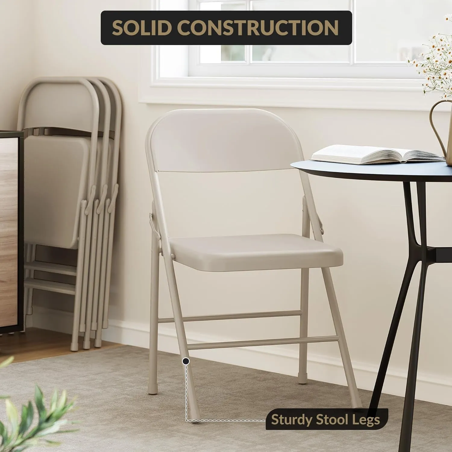 Folding Chairs Set of 4, Portable & Stackable Commercial Seat with Metal Frame, Heavy Duty Foldable Chairs for Office Wedding Party, 350 Pound Capacity, Beige