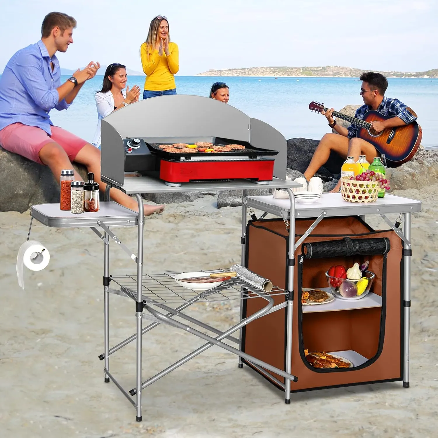 Folding Grill Table, Aluminum Outdoor Cooking Table with 26'' Tabletop, Detachable Windscreen & Carry Bag, Portable Camp Kitchen Table, Camping Kitchen Station for BBQ Camping Picnic (Brown)