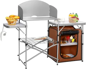 Folding Grill Table, Aluminum Outdoor Cooking Table with 26'' Tabletop, Detachable Windscreen & Carry Bag, Portable Camp Kitchen Table, Camping Kitchen Station for BBQ Camping Picnic (Brown)