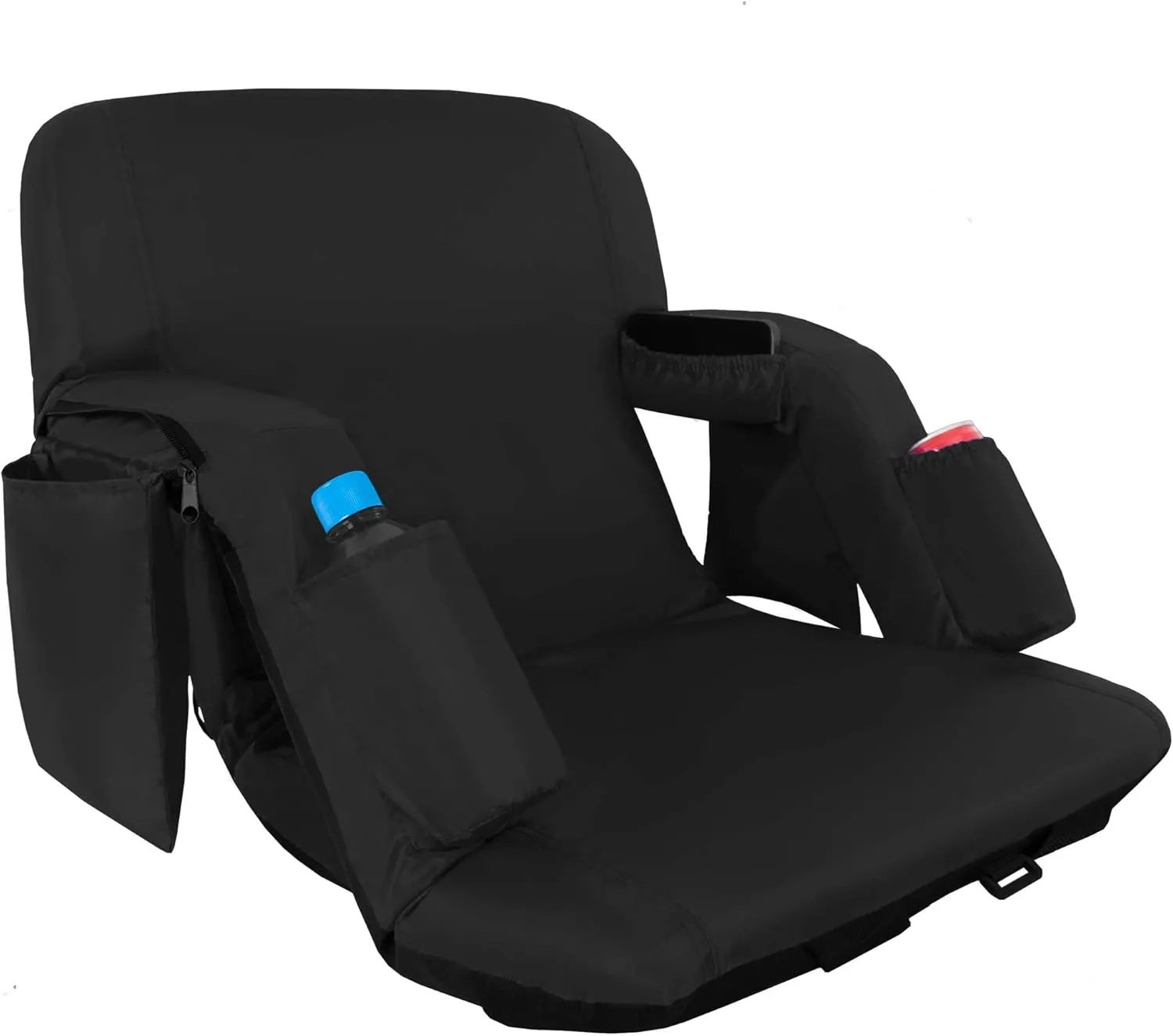 Folding Stadium Seat with Adjustable Back Support - Regular 21'' Bleacher Chairs w/Armrests, Thick Padding - Stadium Cushion Camping Chairs, 6 Pockets, Black