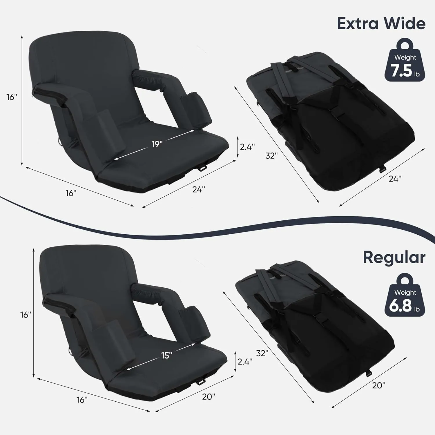 Folding Stadium Seat with Adjustable Back Support - Regular 21'' Bleacher Chairs w/Armrests, Thick Padding - Stadium Cushion Camping Chairs, 6 Pockets, Black
