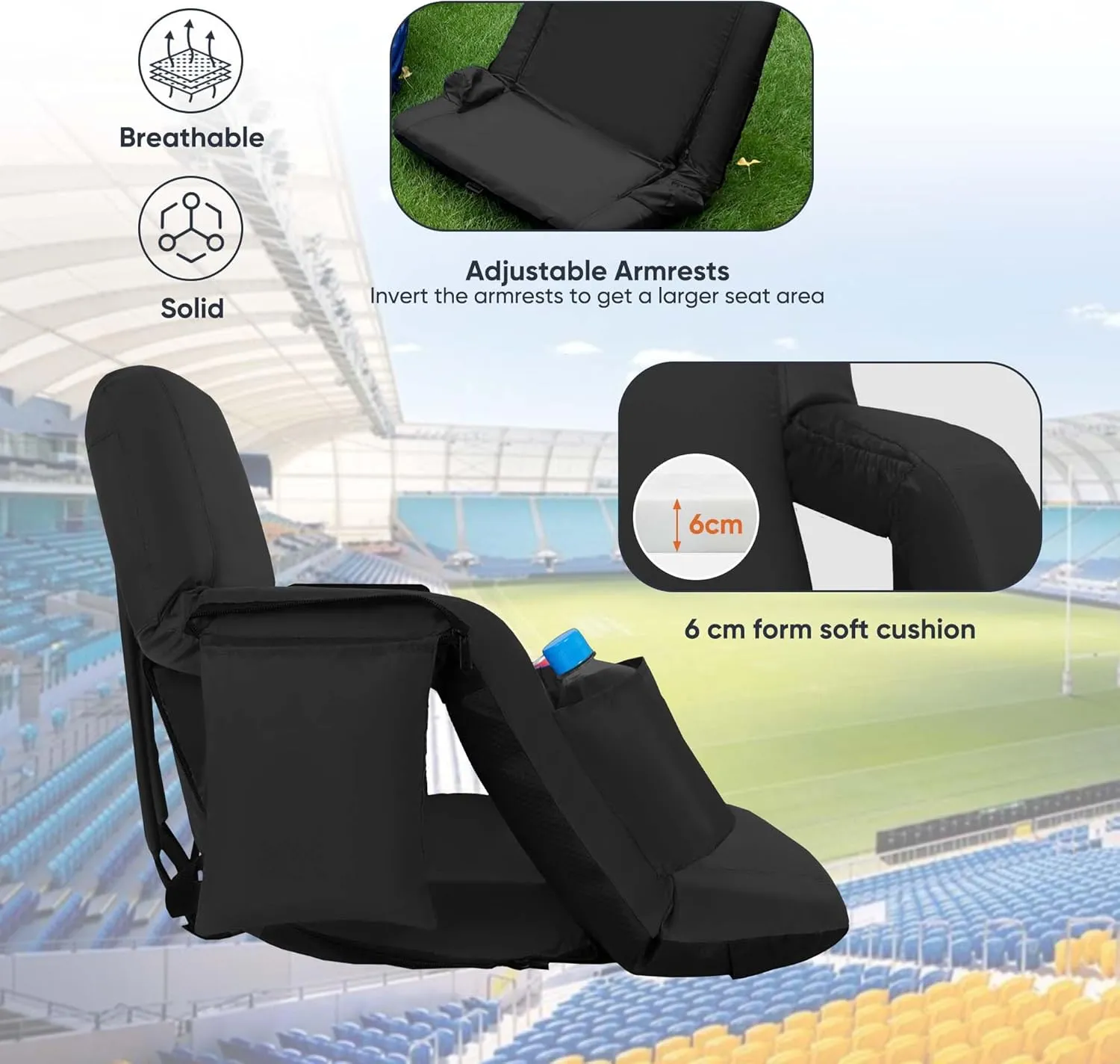 Folding Stadium Seat with Adjustable Back Support - Regular 21'' Bleacher Chairs w/Armrests, Thick Padding - Stadium Cushion Camping Chairs, 6 Pockets, Black