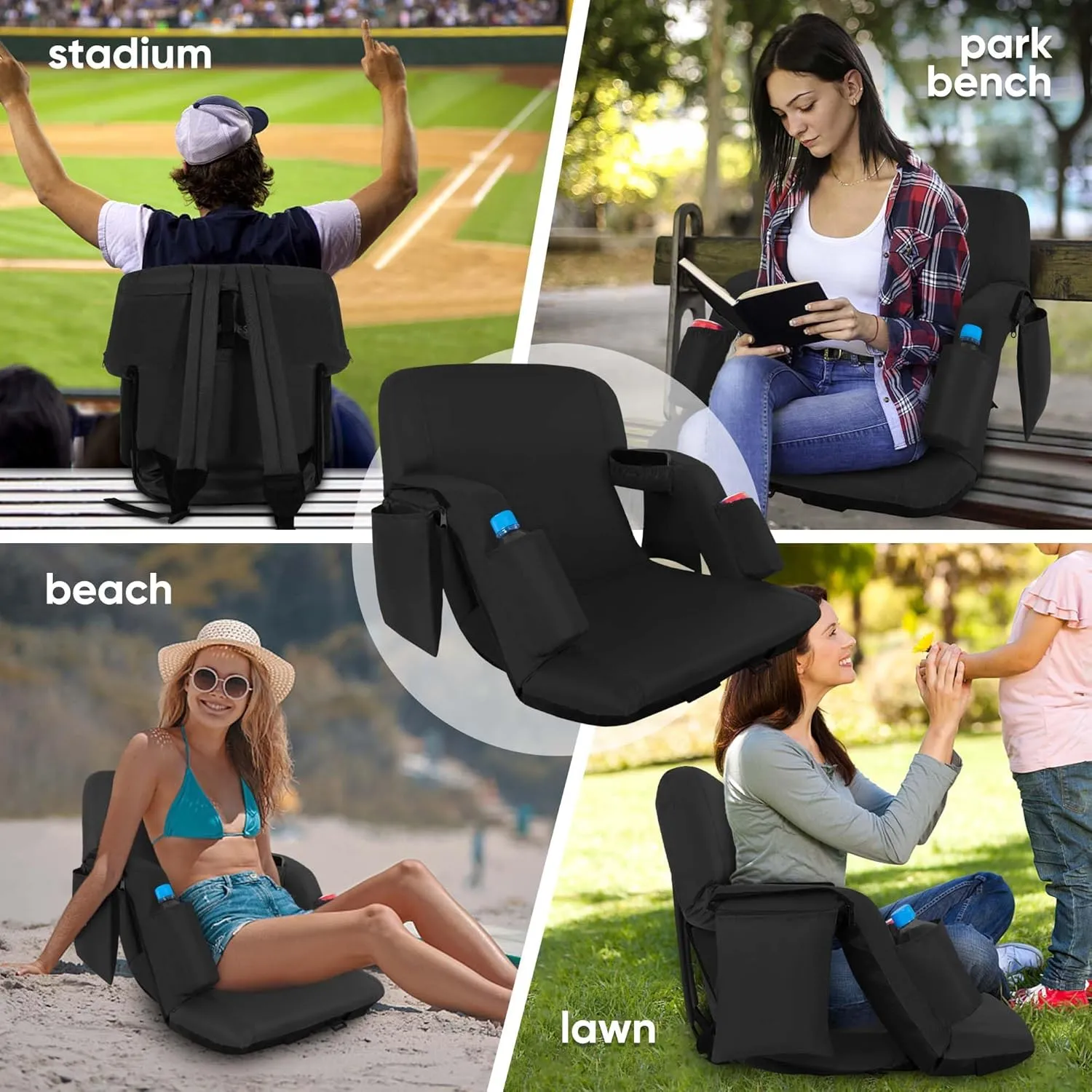 Folding Stadium Seat with Adjustable Back Support - Regular 21'' Bleacher Chairs w/Armrests, Thick Padding - Stadium Cushion Camping Chairs, 6 Pockets, Black