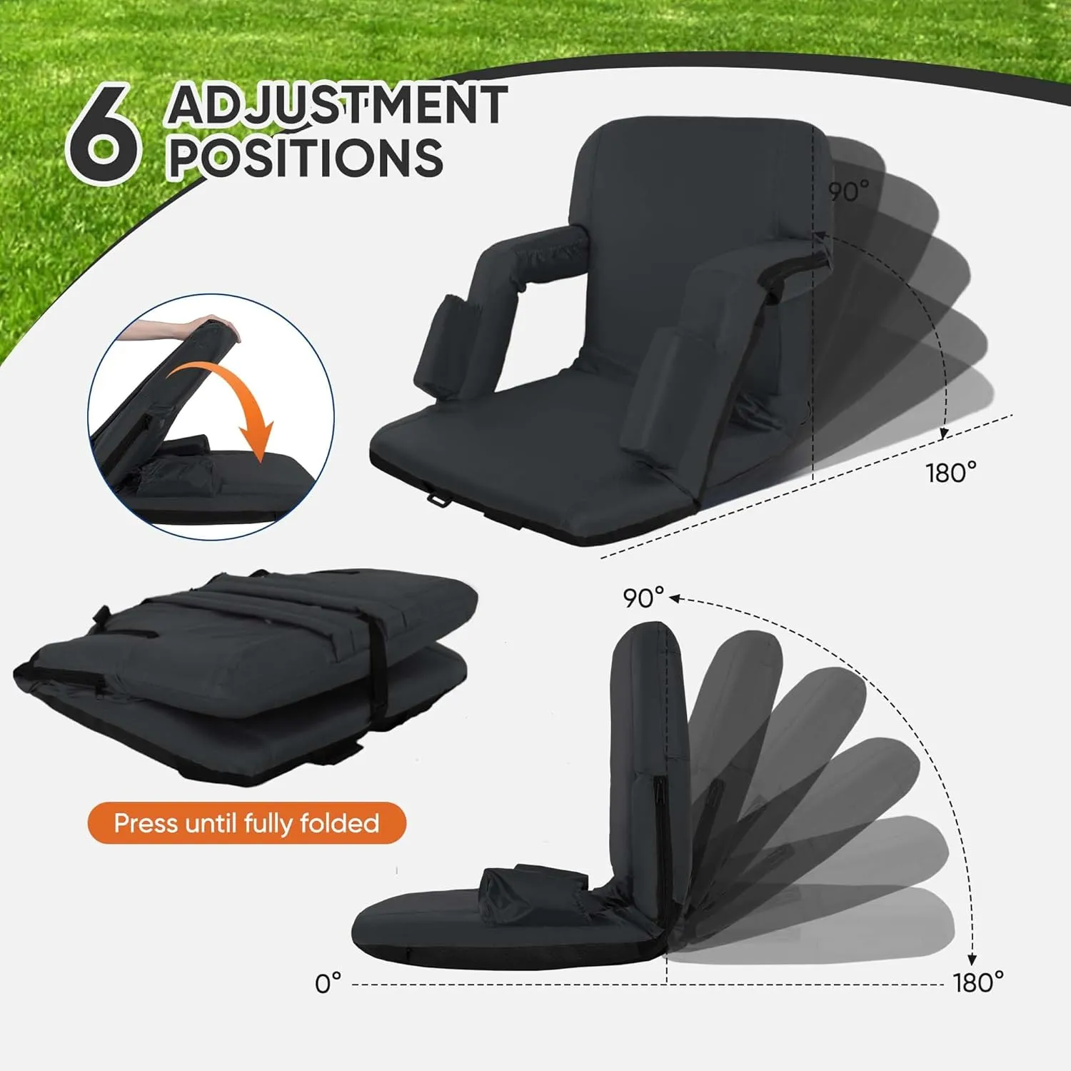Folding Stadium Seat with Adjustable Back Support - Regular 21'' Bleacher Chairs w/Armrests, Thick Padding - Stadium Cushion Camping Chairs, 6 Pockets, Black