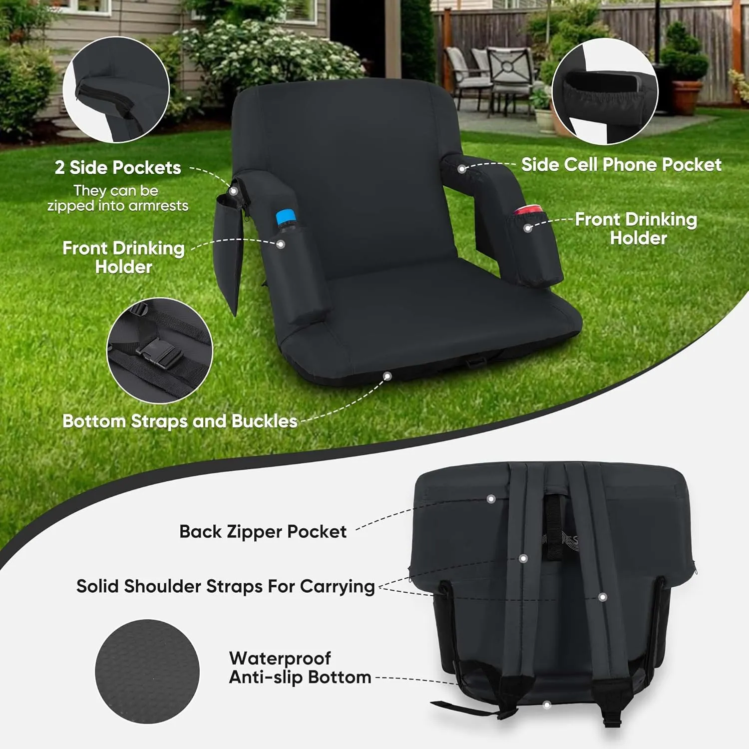 Folding Stadium Seat with Adjustable Back Support - Regular 21'' Bleacher Chairs w/Armrests, Thick Padding - Stadium Cushion Camping Chairs, 6 Pockets, Black