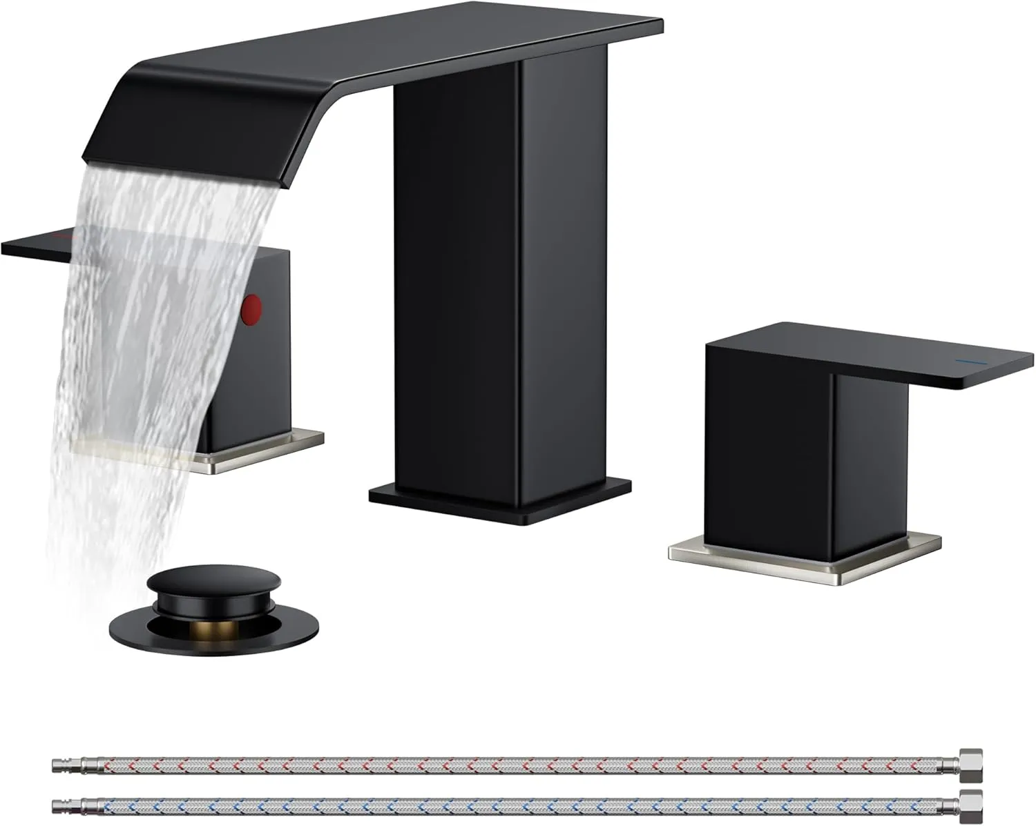 FORIOUS Brushed Nickel and Matte Black Bathroom Faucet 2 Handles, 8 Inch Widespread Bathroom Faucet for 3 Hole Sink with Metal Pop Up Drain, for Vanity RV Restroom Camper