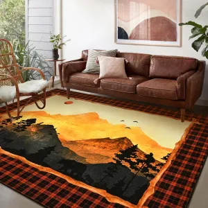 FRAMICS Mountain Area Rug 5x7 Rugs for Living Room Rustic Wildlife Washable Rug Non Slip Forest Sunset Rug for Bedroom, Soft Faux Wool Throw Rugs Farmhouse Carpet Low Pile, Vintage Cabin Decor