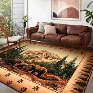 FRAMICS Rustic Cabin Area Rug 5x7, Farmhouse Lodge Bear Moose Deer Rug Washable Non Slip,Country Wildlife Area Rugs for Living Room Bedroom, Soft Faux Wool Throw Rugs Carpet Low Pile, Vintage Decor