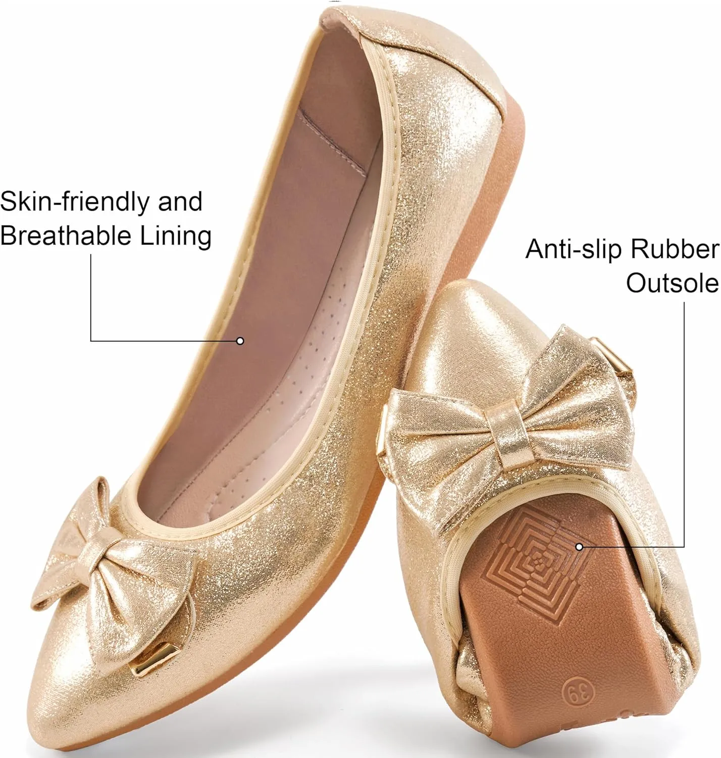FUDYNMALC Womens Ballet Flats Shoes: Foldable Dressy Wedding Ballerina Shoes Sparkly Bowknot Pointed Toe Slip on Walking Loafers