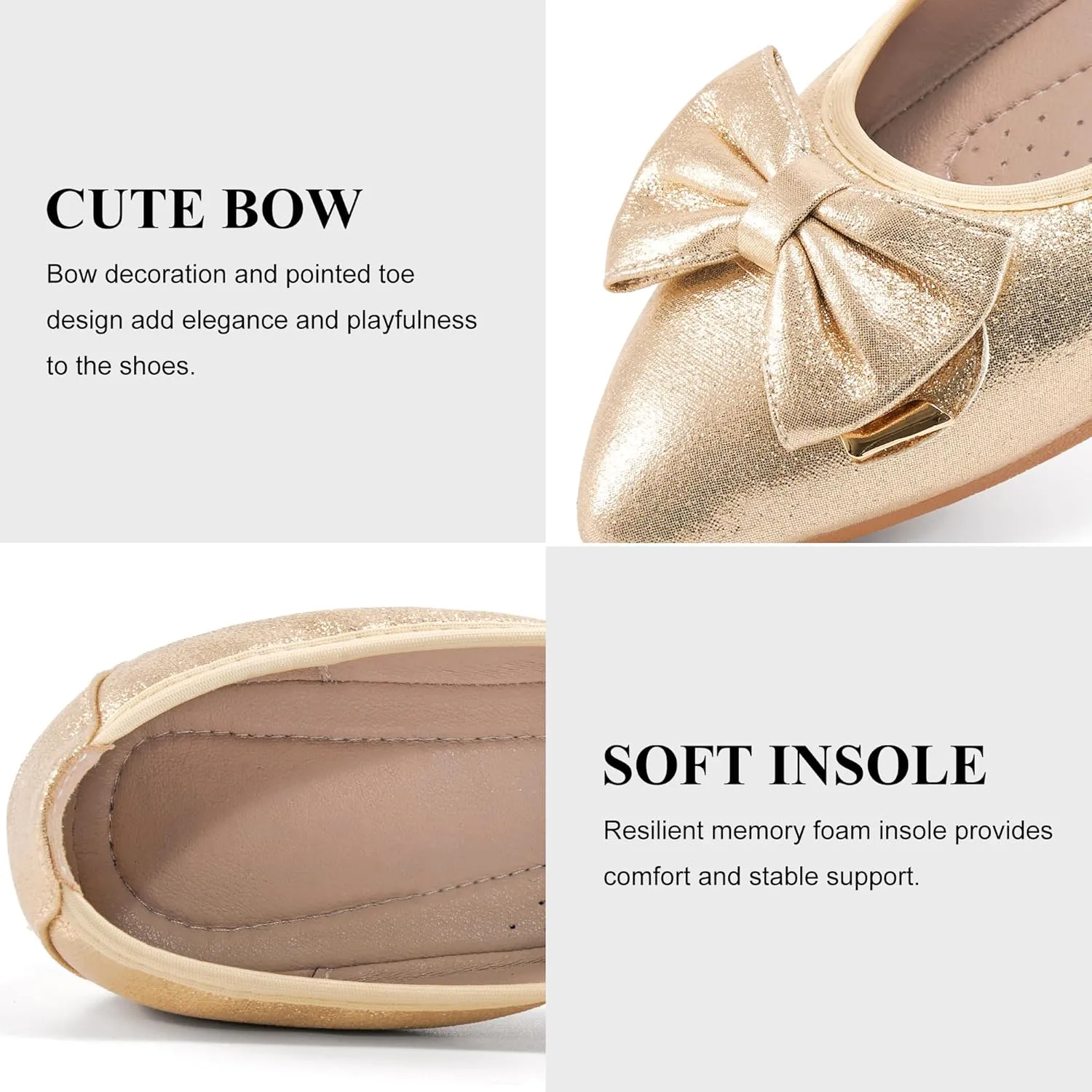 FUDYNMALC Womens Ballet Flats Shoes: Foldable Dressy Wedding Ballerina Shoes Sparkly Bowknot Pointed Toe Slip on Walking Loafers