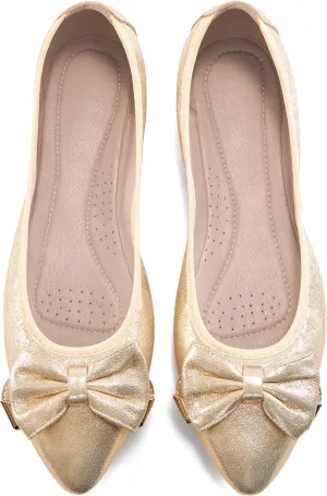 FUDYNMALC Womens Ballet Flats Shoes: Foldable Dressy Wedding Ballerina Shoes Sparkly Bowknot Pointed Toe Slip on Walking Loafers