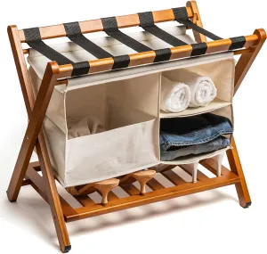 Fully Assembled Folding Bamboo Luggage Rack Holder with Removable Laundry Bag & Storage Shelf – Heavy Duty, Space Saving Foldable Suitcase Stand for Guest Rooms, Bedrooms & Hotels - Holds 150 lbs