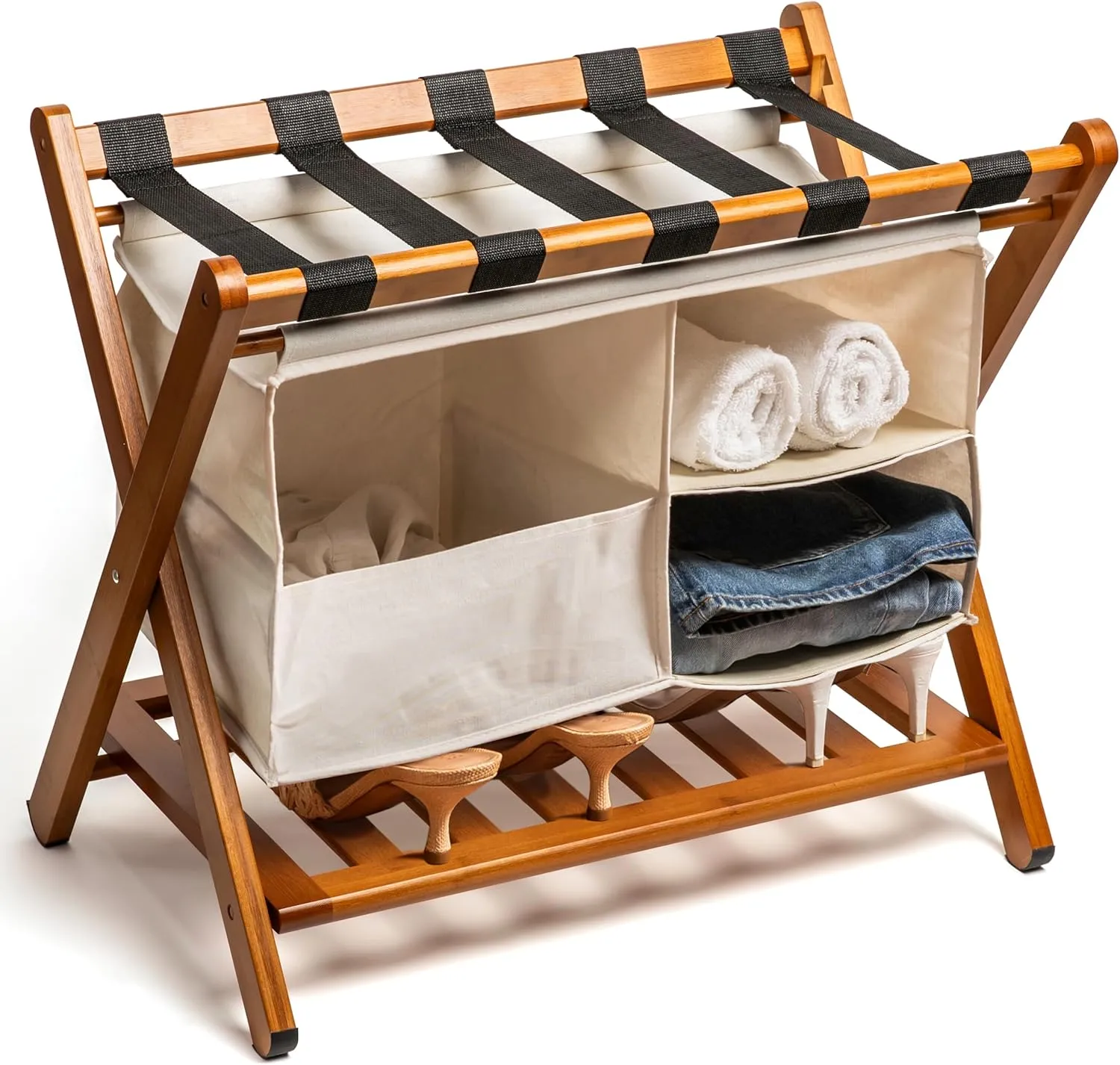 Fully Assembled Folding Bamboo Luggage Rack Holder with Removable Laundry Bag & Storage Shelf – Heavy Duty, Space Saving Foldable Suitcase Stand for Guest Rooms, Bedrooms & Hotels - Holds 150 lbs