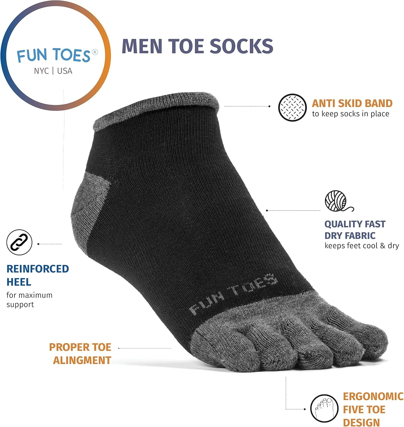 FUN TOES Mens Toe Socks Barefoot Running Lightweight -Value 6 Pairs Pack- Size 6-12
