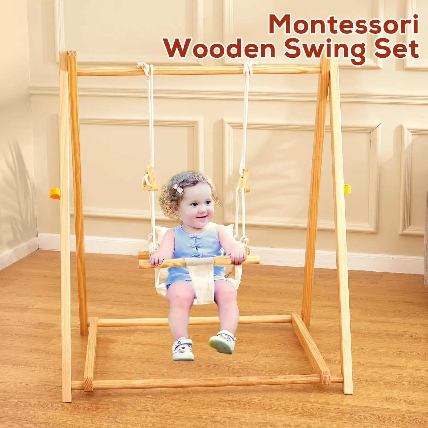 FUNLIO Montessori Wooden Swing Set for Toddlers 6-36 Months, Foldable Indoor Baby Swing Set of Durable Pine, Portable with 4 Sandbags &Extension Straps, Toddler Swing for Indoor/Outdoor/Backyard