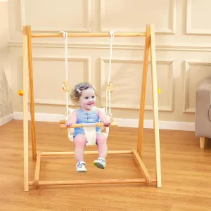FUNLIO Montessori Wooden Swing Set for Toddlers 6-36 Months, Foldable Indoor Baby Swing Set of Durable Pine, Portable with 4 Sandbags &Extension Straps, Toddler Swing for Indoor/Outdoor/Backyard