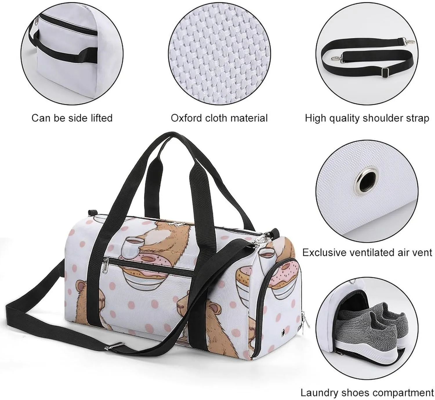 Funny Capybar on Dots Fitness Large Gym Bag for Unisex with Shoe Compartment & Wet Pocket