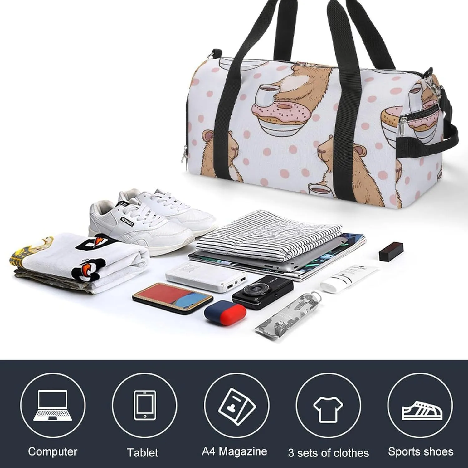 Funny Capybar on Dots Fitness Large Gym Bag for Unisex with Shoe Compartment & Wet Pocket