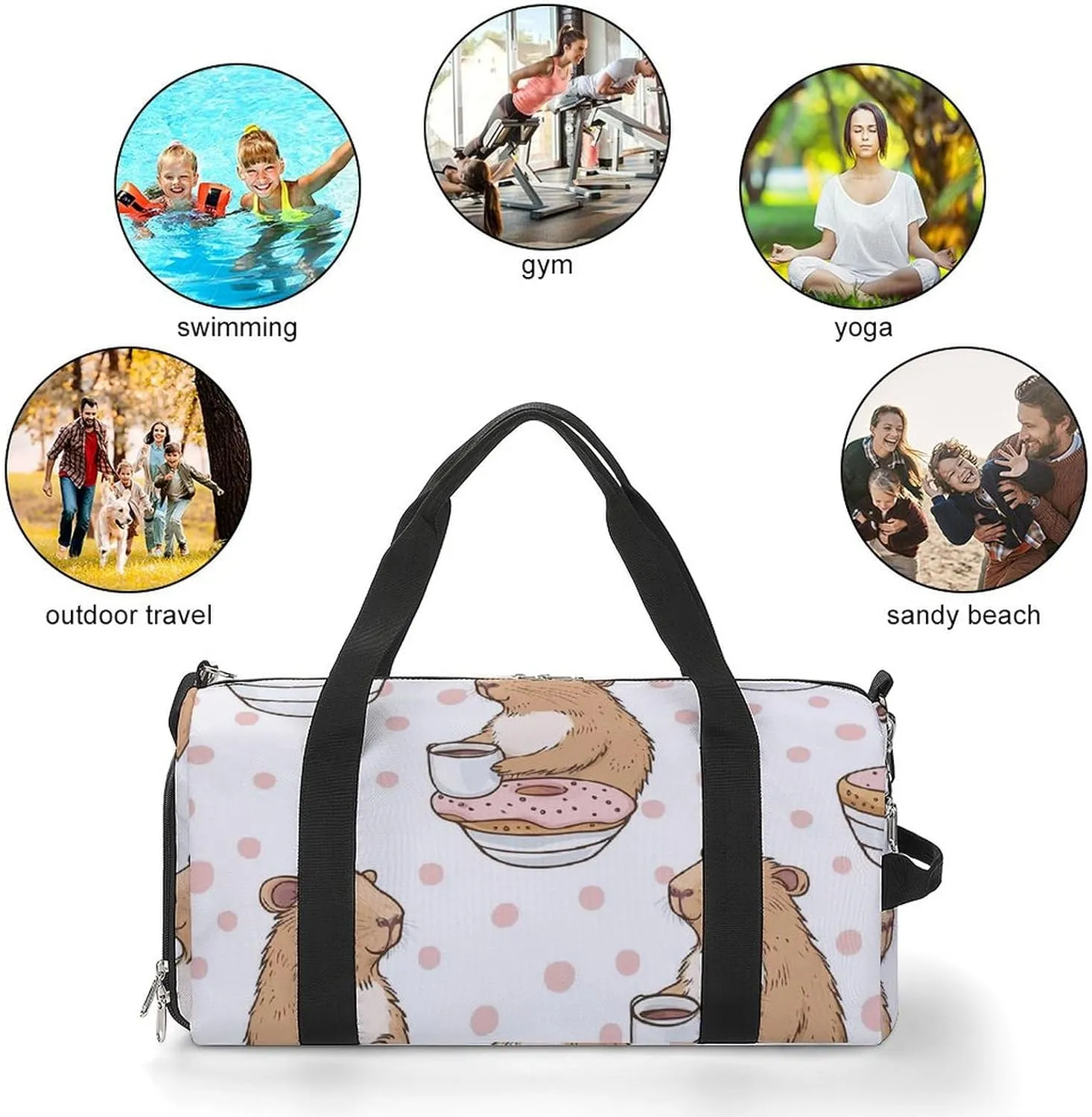 Funny Capybar on Dots Fitness Large Gym Bag for Unisex with Shoe Compartment & Wet Pocket