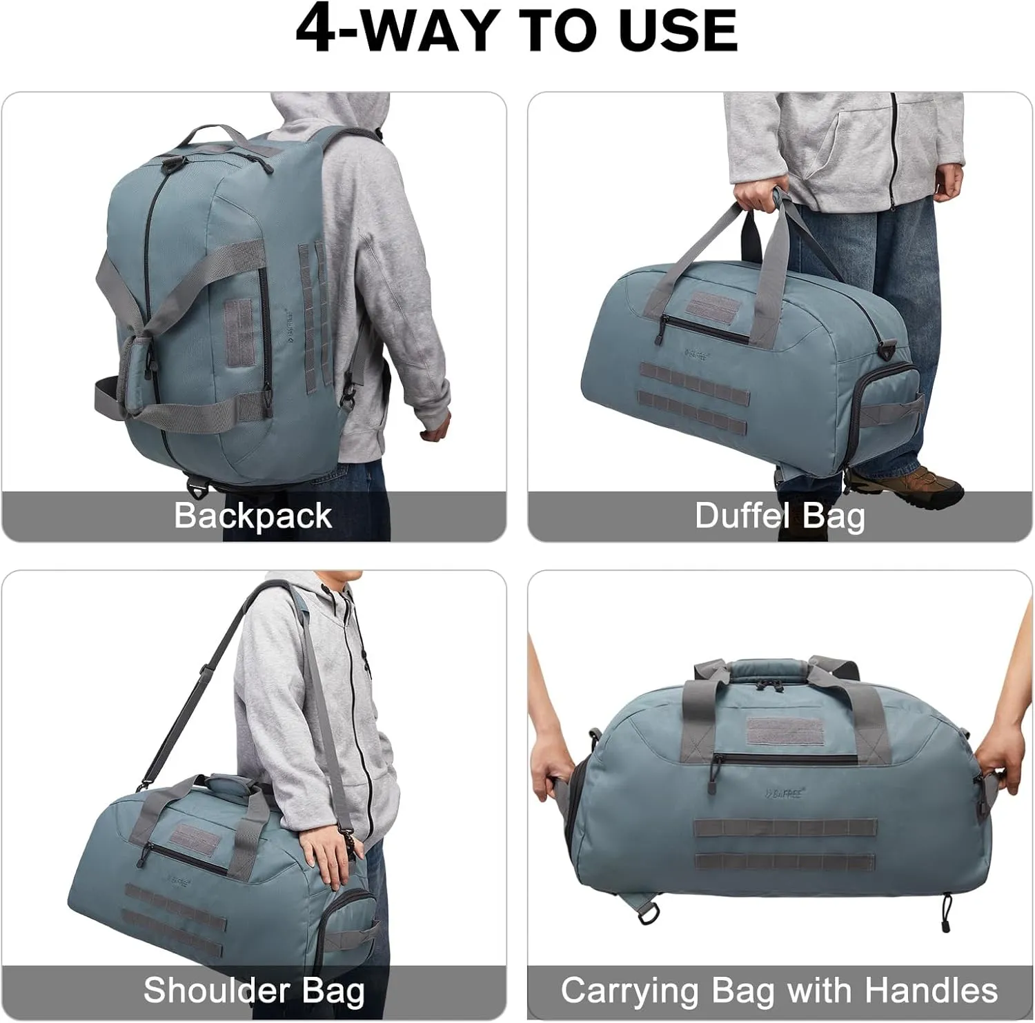 G4Free 70L Large Tactical Duffle Bag Men Sports Gym Backpack with Shoes Compartment Military MOLLE Duffel Backpack (Grey)