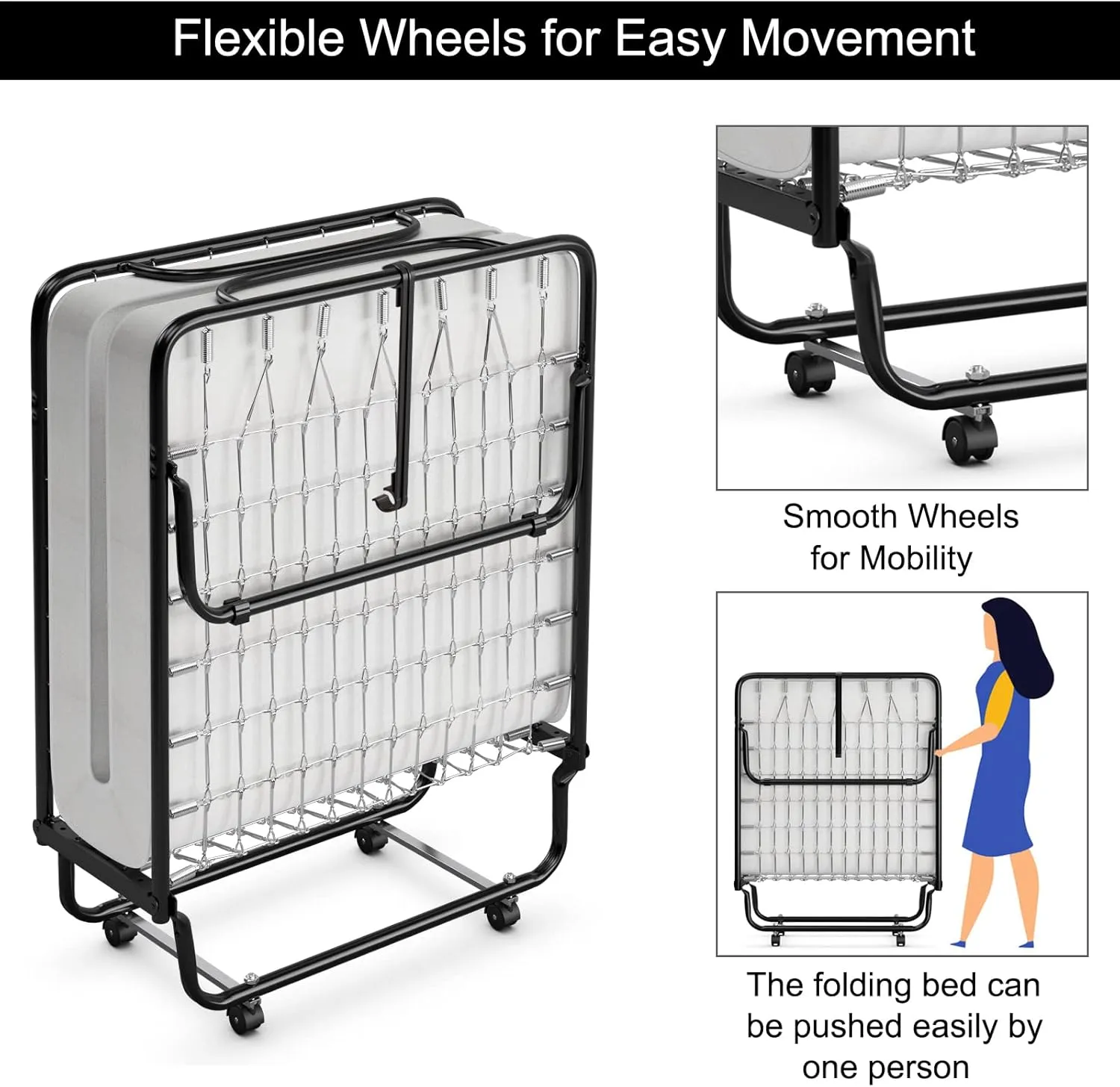 Giantex Folding Bed with Mattress for Adults, Fold up Bed with Memory Foam Mattress & Metal Frame on Wheels, Cot Size Roll Away Adult Bed, Foldable Portable Guest Bed for Easy Storage, Made in Italy