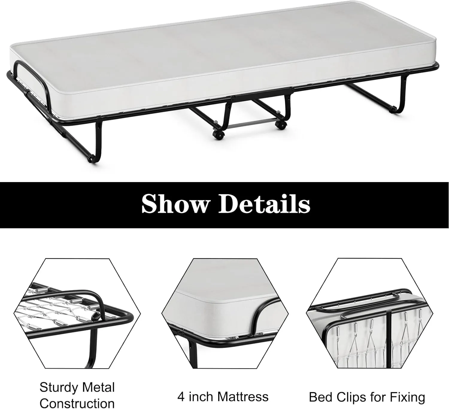 Giantex Folding Bed with Mattress for Adults, Fold up Bed with Memory Foam Mattress & Metal Frame on Wheels, Cot Size Roll Away Adult Bed, Foldable Portable Guest Bed for Easy Storage, Made in Italy