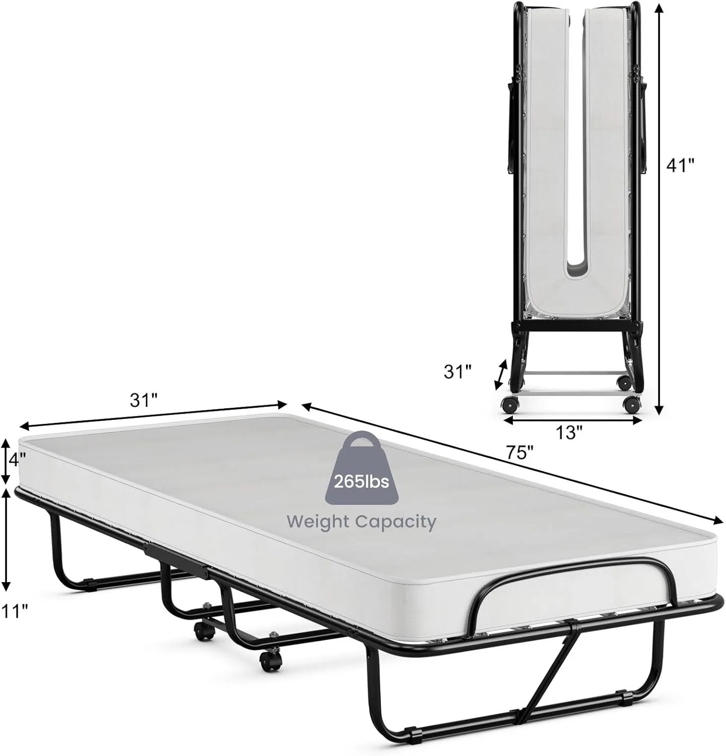 Giantex Folding Bed with Mattress for Adults, Fold up Bed with Memory Foam Mattress & Metal Frame on Wheels, Cot Size Roll Away Adult Bed, Foldable Portable Guest Bed for Easy Storage, Made in Italy