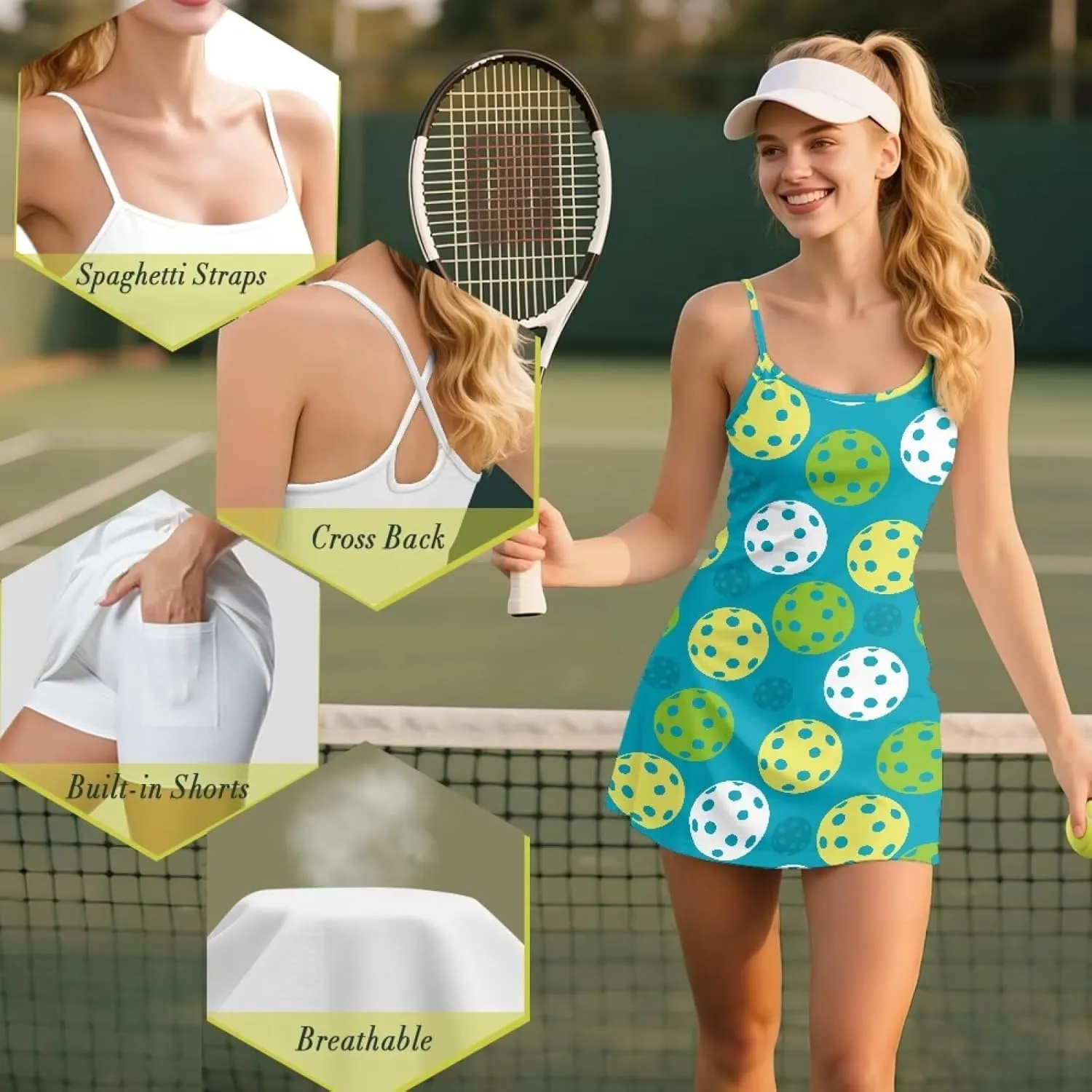 Golf Dresses for Womens Spaghetti Strap Tennis Dress Wrap Skirt Built in Shorts Golf Athletic Dress