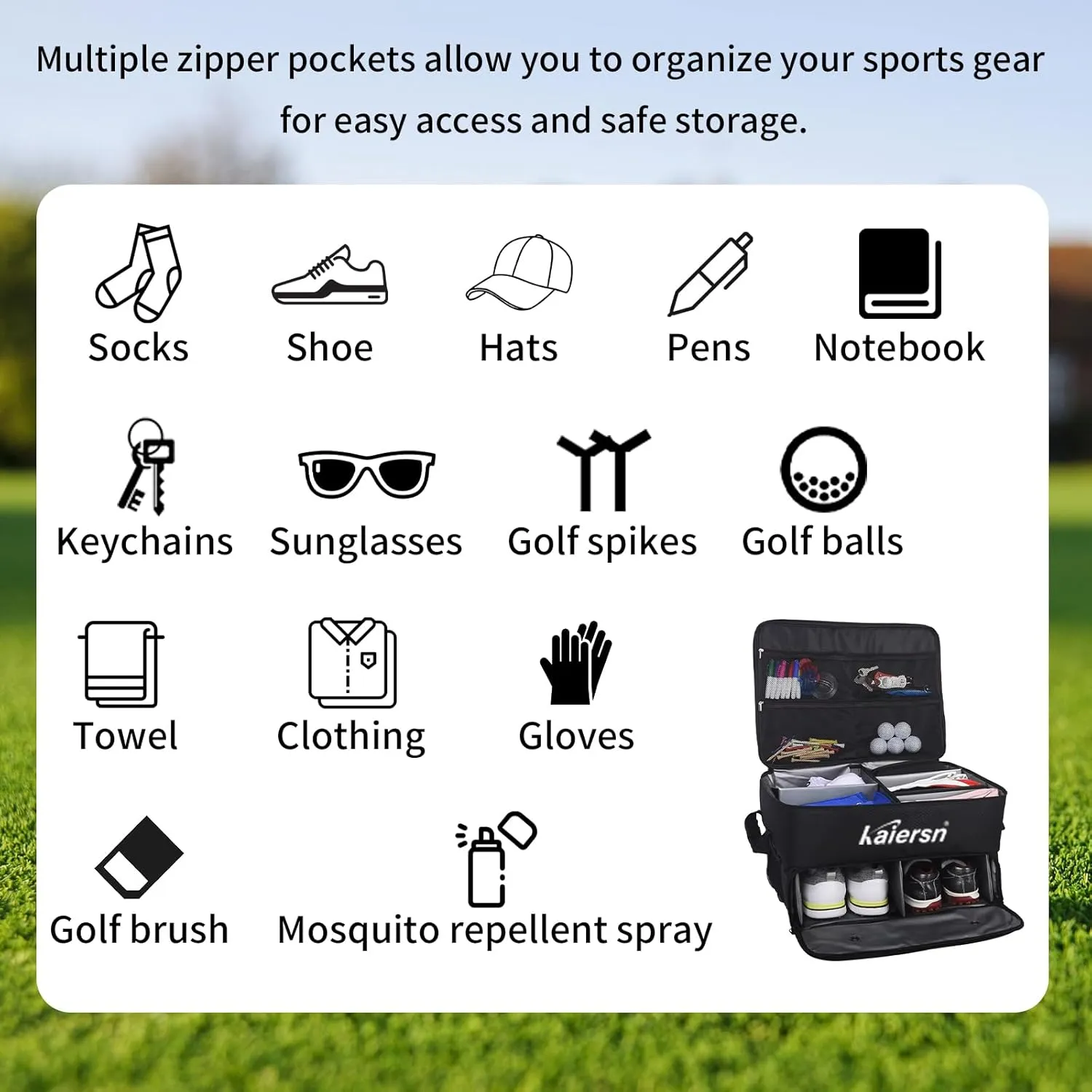 Golf Trunk Organizer, 2 Layer Waterproof Car Golf Locker with Separate Ventilated Compartment for 2 Pair Shoes, Durable Golf Trunk Storage for Balls, Tees, Clothes Golf Accessories