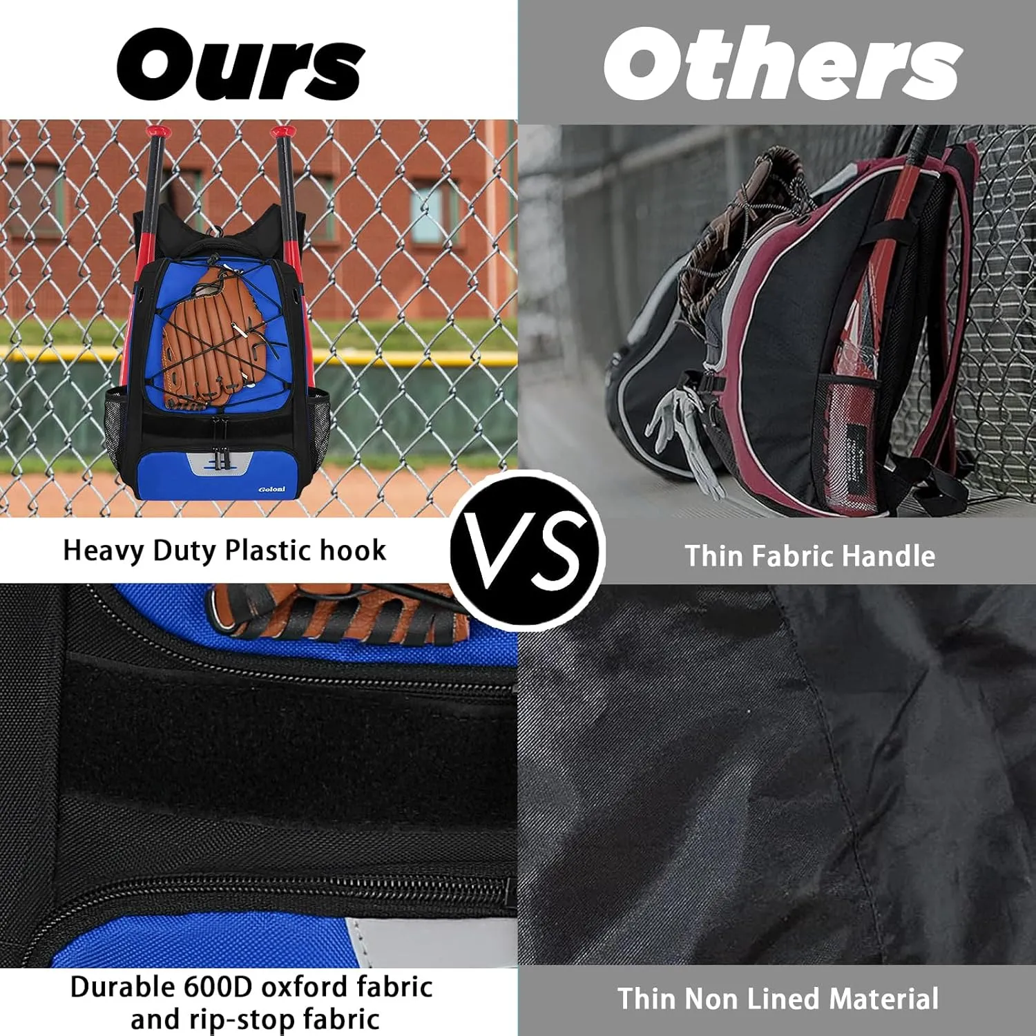 Goloni Baseball Bag,Backpack for Baseball, T-Ball & Softball Equipment & Gear,Softball Bag with Shoe Compartment,Fence Hook