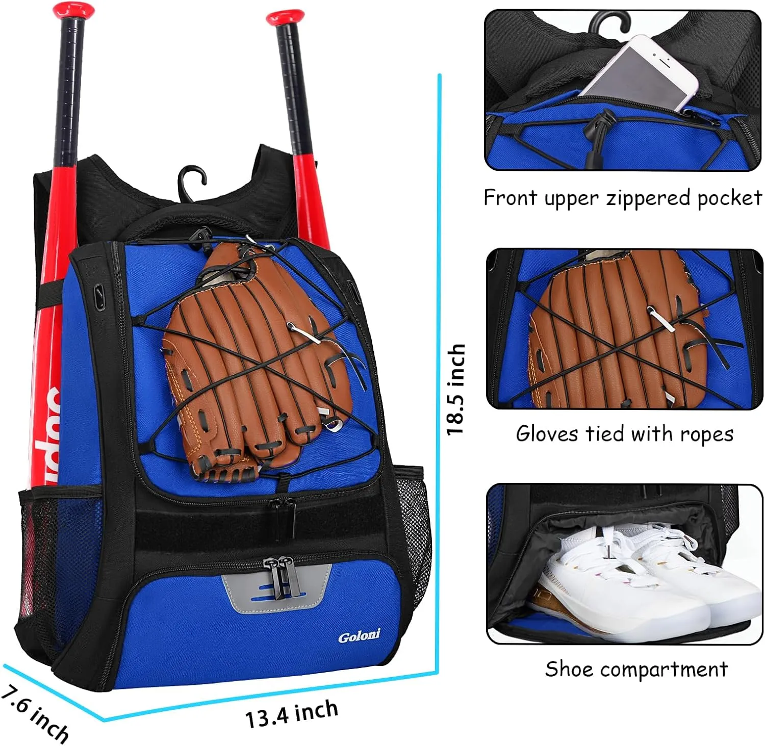 Goloni Baseball Bag,Backpack for Baseball, T-Ball & Softball Equipment & Gear,Softball Bag with Shoe Compartment,Fence Hook