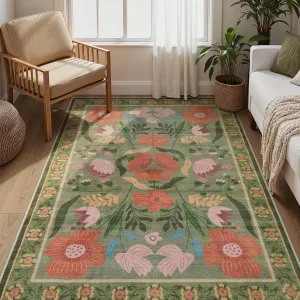 Green Floral Rugs 5x7, Non-Slip Soft Washable Rugs 5x7 for Nursery, Boho Vintage Low-Pile Bedroom Carpet Botanical Colorful Carpet for Living Room Kids Room (5x7ft,Green)