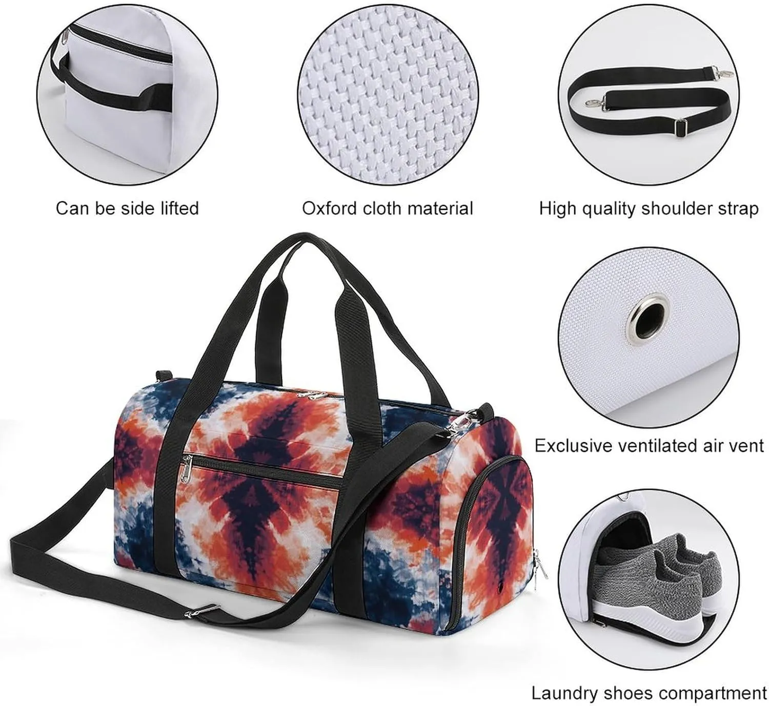 Grunge Tie Dye Pattern Fitness Large Gym Bag for Unisex with Shoe Compartment & Wet Pocket