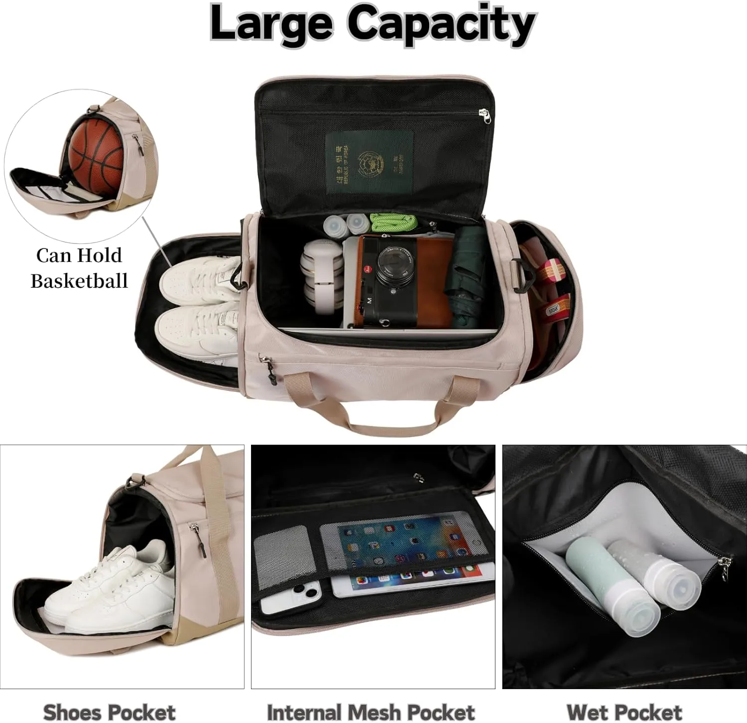 Gym Bag for Men Women, Large Sports Travel Duffle Bag with Wet Pocket & Shoe Compartment, 35L Waterproof Lightweight Carry On Overnight Weekender Bag for Workout, Fitness, Business - Leather Black