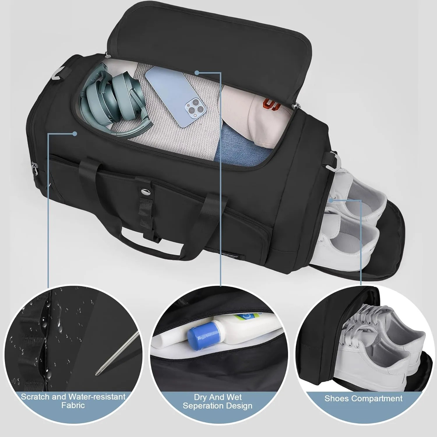 Gym Bag for Women with Shoe Compartment, 25L Right Capacity Workout Bag, Black