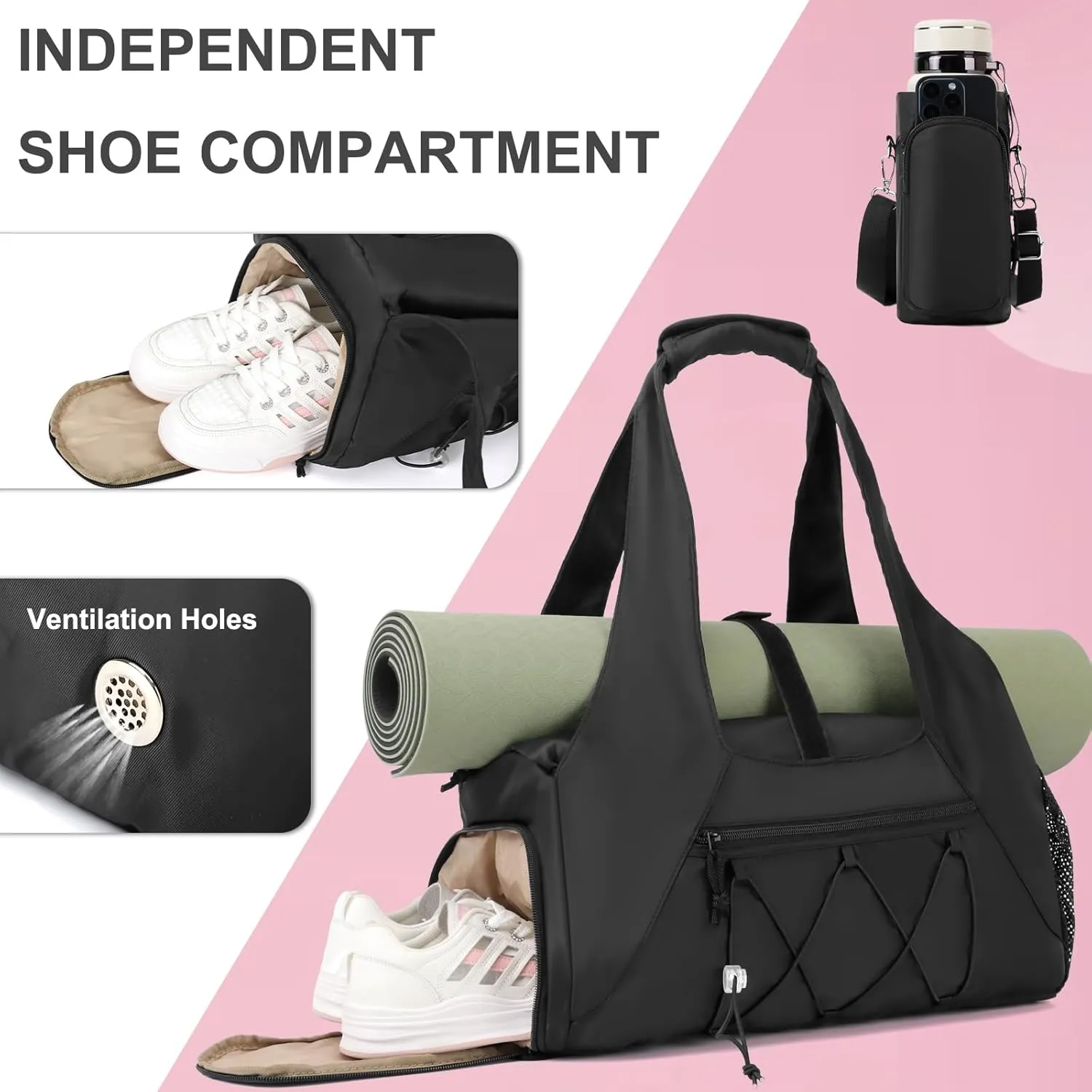Gym Bag for Women, Yoga Mat Bag with Shoe Compartment and Wet Pocket, Sport Yoga Gym Bag with Yoga Strap, Carryall Yoga Tote Bag