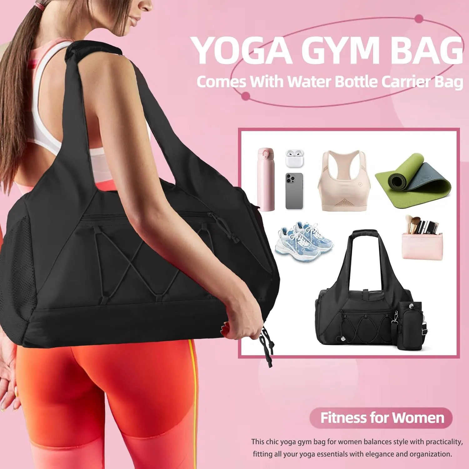 Gym Bag for Women, Yoga Mat Bag with Shoe Compartment and Wet Pocket, Sport Yoga Gym Bag with Yoga Strap, Carryall Yoga Tote Bag